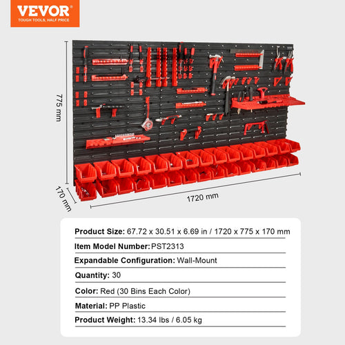 30-Compartment Wall-Mounted Parts Organizer with Tool Rack & Hooks